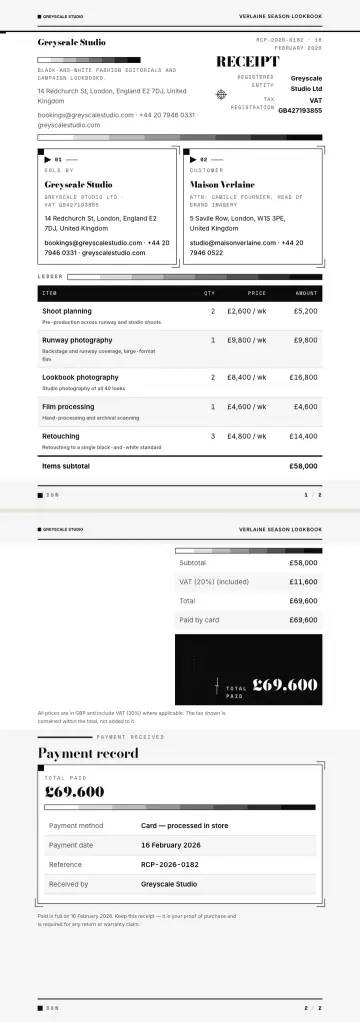 Example receipt generated by waxTable