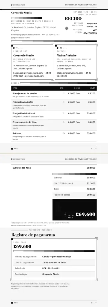 Exemplo de recibo gerado pela waxTable