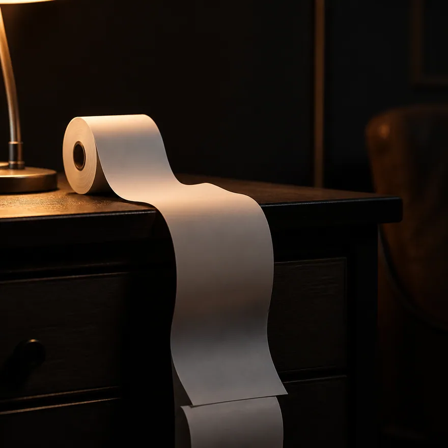 Um recibo longo e em branco caindo pela borda de uma mesa escura, sob a luz quente de uma única luminária