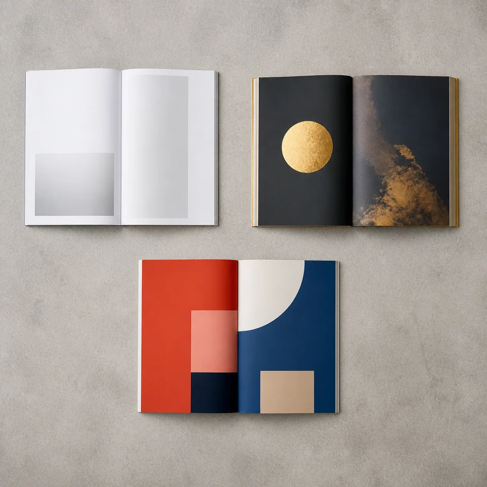 Três páginas duplas de documentos impressos em três linguagens visuais diferentes — minimalismo austero, luxo profundo com dourado e blocos de cor geométricos e ousados