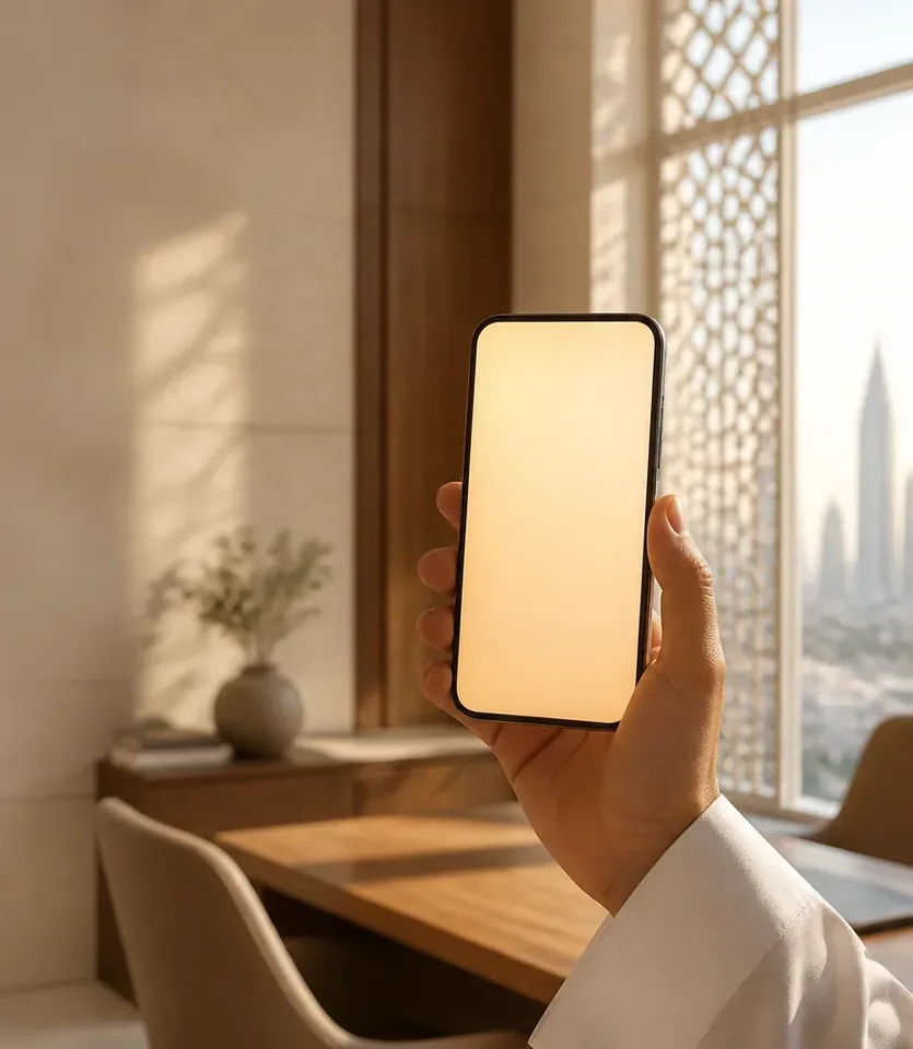 Uma mão segurando um celular em um escritório iluminado pelo sol, com uma tela vazada e o horizonte da cidade ao fundo