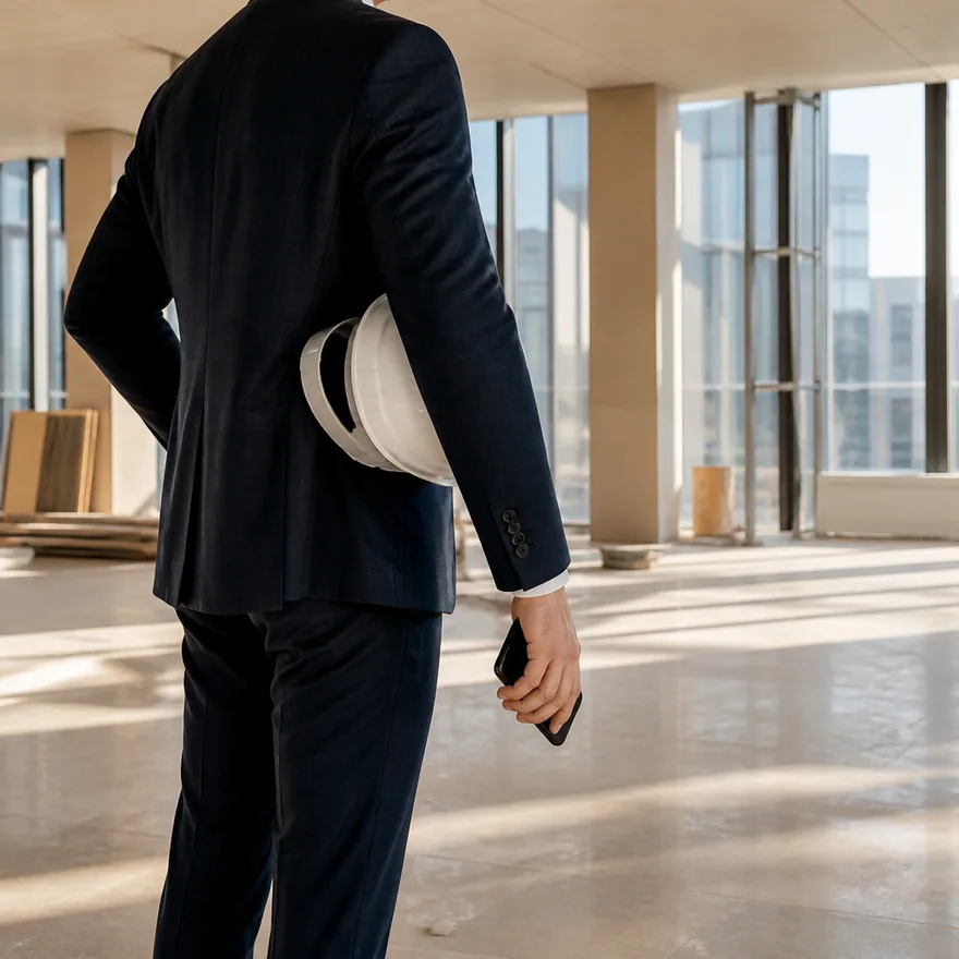 Uma gerente de projetos em trajes formais caminhando por uma obra de reforma moderna e iluminada, celular na mão e capacete debaixo do braço
