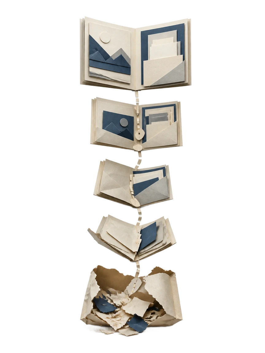 How Waxe generates a portfolio, shown as papercraft