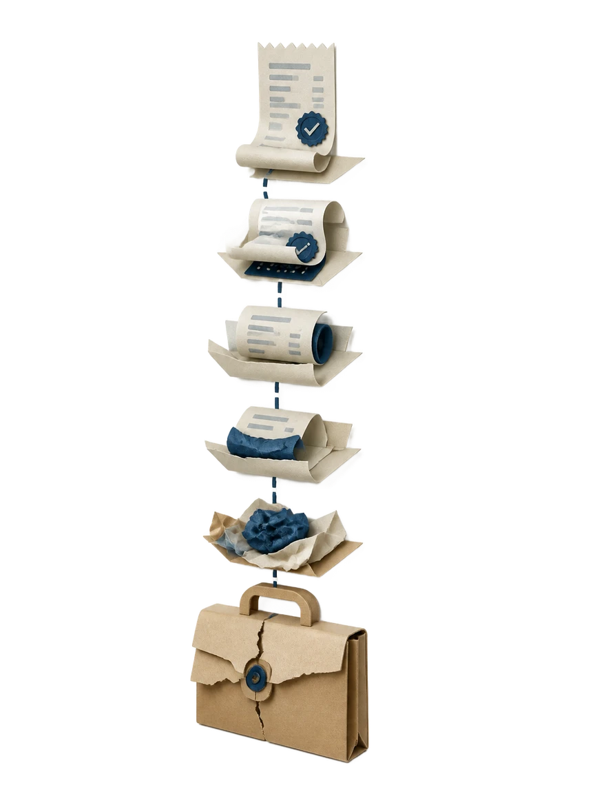 How Waxe generates a receipt, shown as papercraft