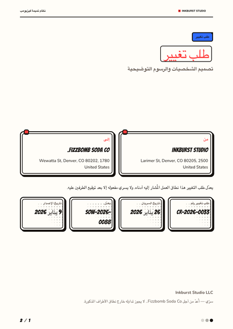 A finished change request rendered in a رسوم توضيحية look