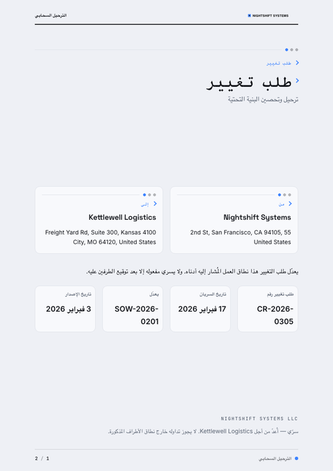 A finished change request rendered in a داكن look