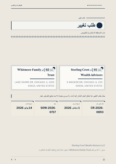 A finished change request rendered in a متنوع look
