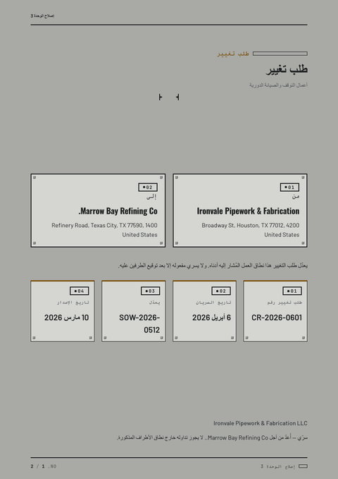 A finished change request rendered in a أسلوب حياة look