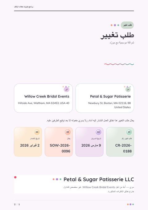A finished change request rendered in a لوني look
