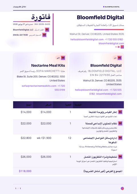 A finished invoice rendered in a تدرج لوني look
