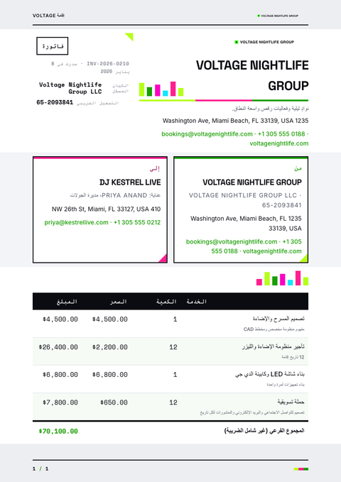 A finished invoice rendered in a لوني look