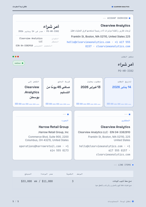 A finished purchase order rendered in a تقني look