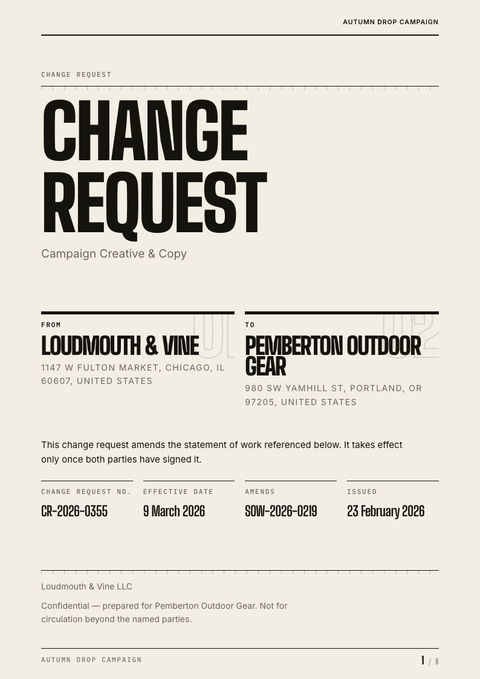 A finished change request rendered in a typographic look