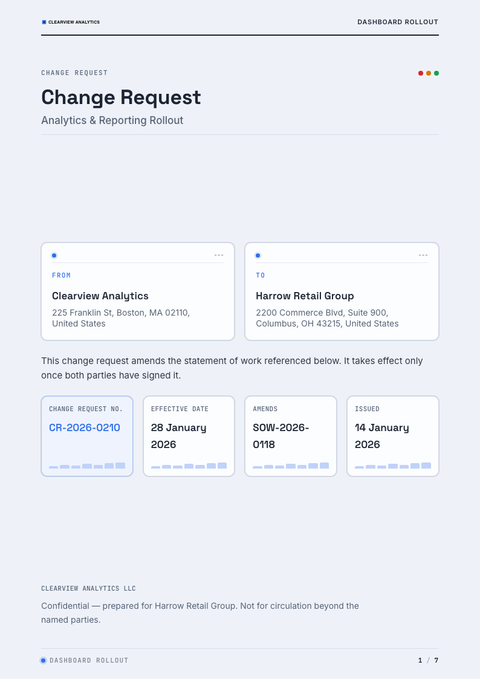 A finished change request rendered in a technical look