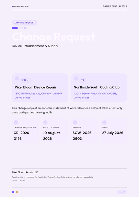 A finished change request rendered in a flat & minimal look