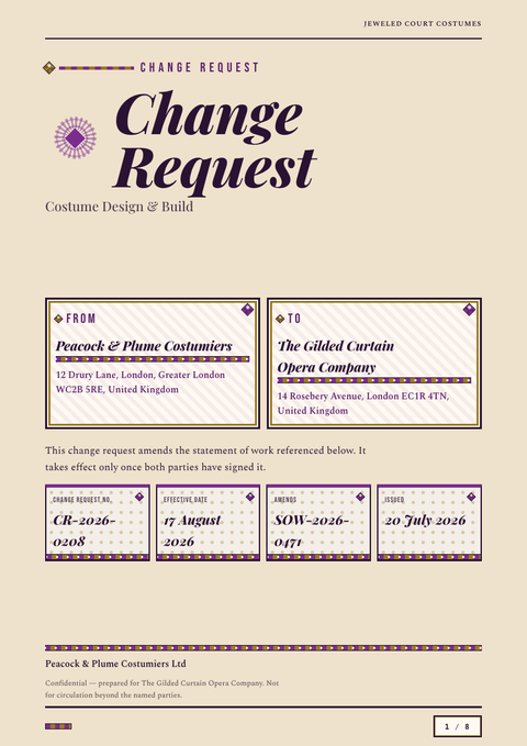 A finished change request rendered in a brutalist look