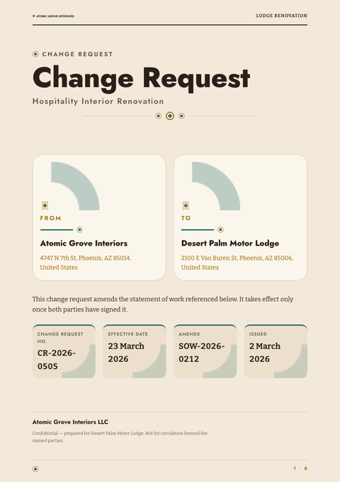 A finished change request rendered in a retro look