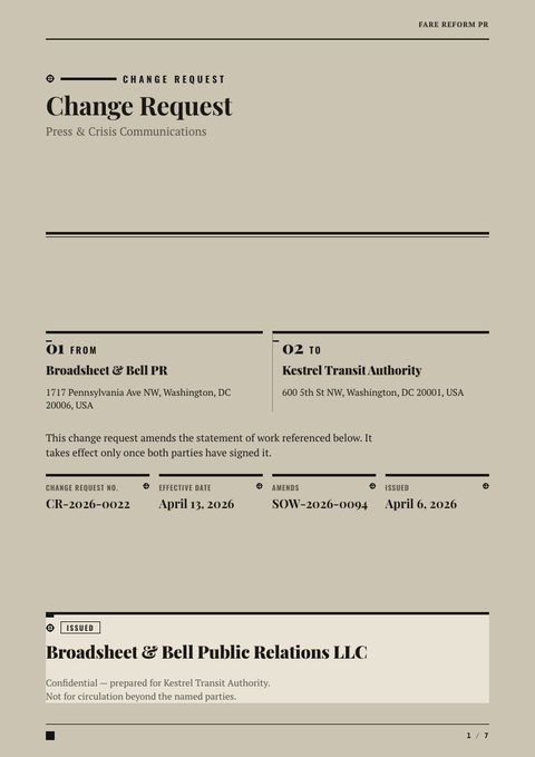 A finished change request rendered in a print look
