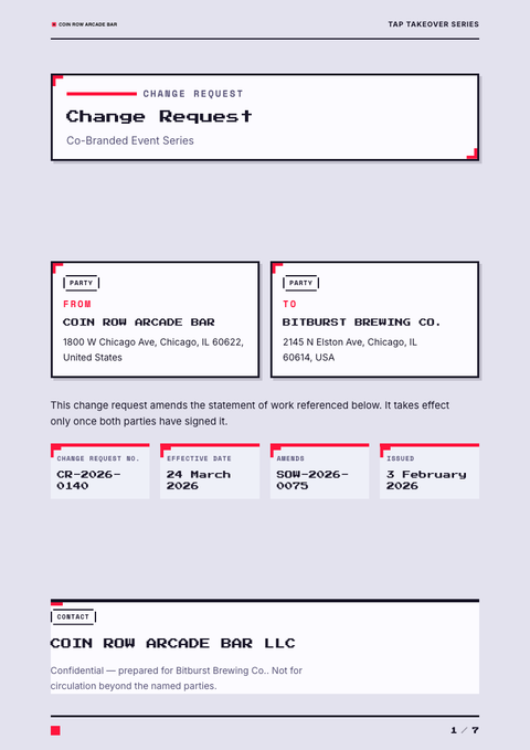 A finished change request rendered in a game & pop look