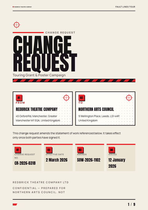 A finished change request rendered in a print look