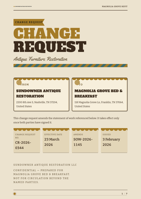 A finished change request rendered in a retro look