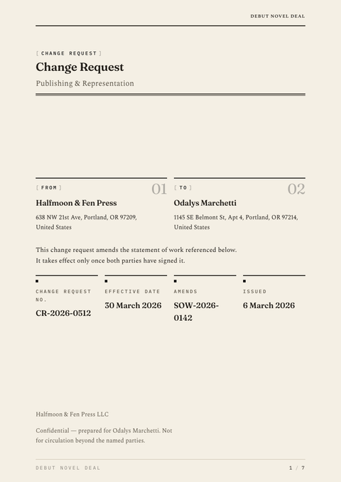 A finished change request rendered in a typographic look