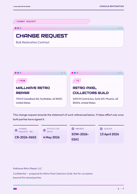 A finished change request rendered in a retro look