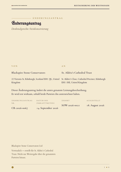 A finished change request rendered in a dunkel look