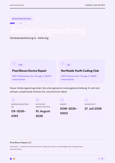 A finished change request rendered in a flach & minimal look
