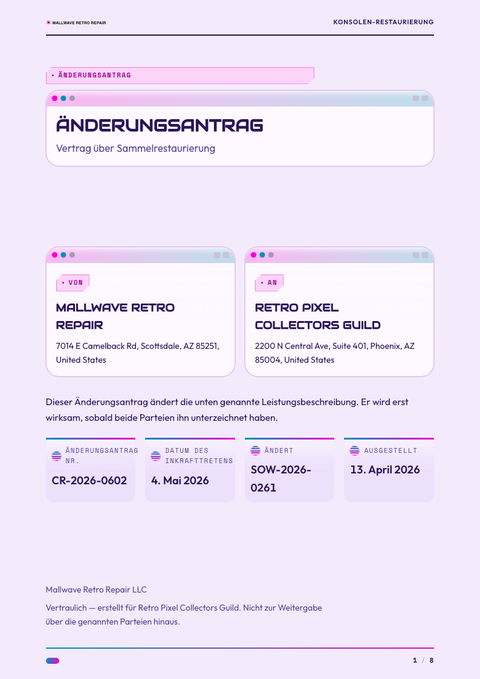 A finished change request rendered in a retro look