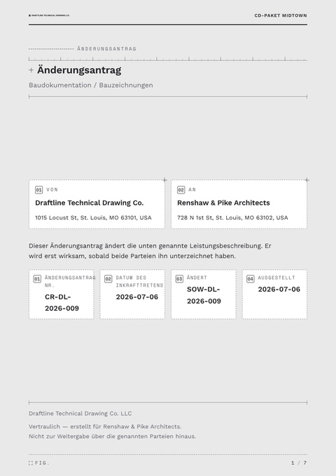 A finished change request rendered in a technisch look