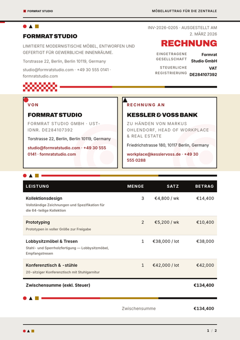 A finished invoice rendered in a retro look