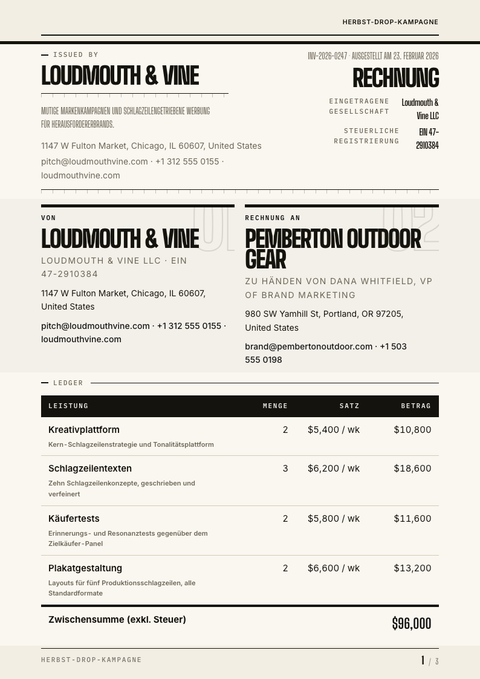 A finished invoice rendered in a typografisch look