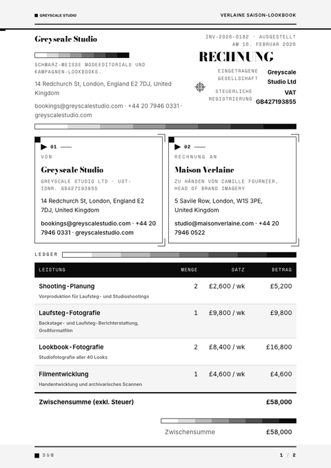 A finished invoice rendered in a farbe look