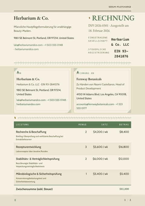 A finished invoice rendered in a natur look