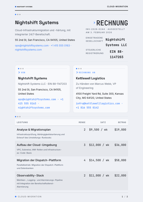 A finished invoice rendered in a dunkel look