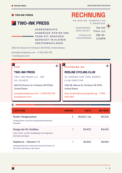 A finished invoice rendered in a farbe look
