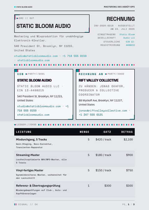 A finished invoice rendered in a brutalistisch look