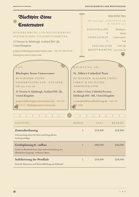 A finished invoice rendered in a dunkel look