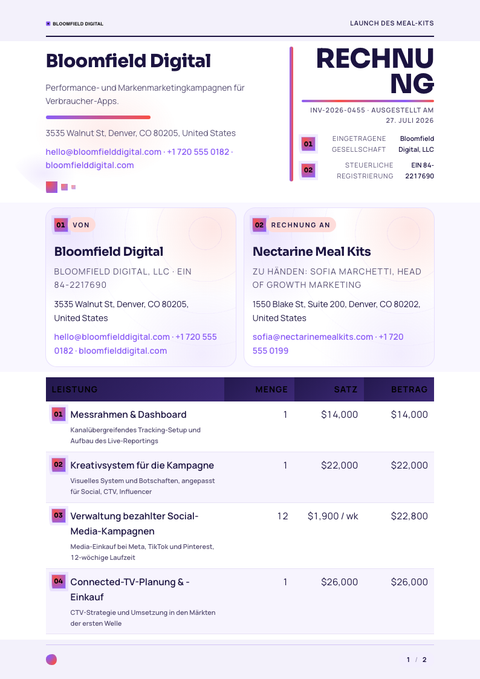 A finished invoice rendered in a verlauf look