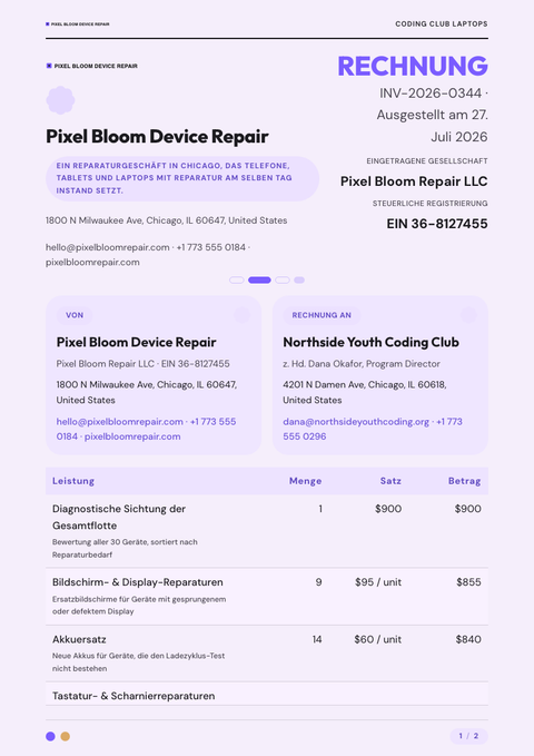 A finished invoice rendered in a flach & minimal look
