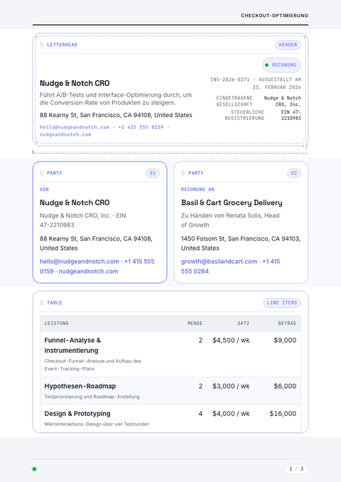 A finished invoice rendered in a bewegung look