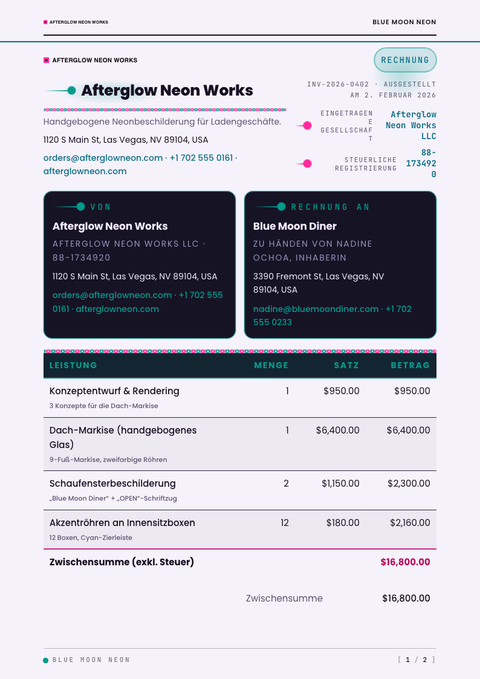 A finished invoice rendered in a futuristisch look
