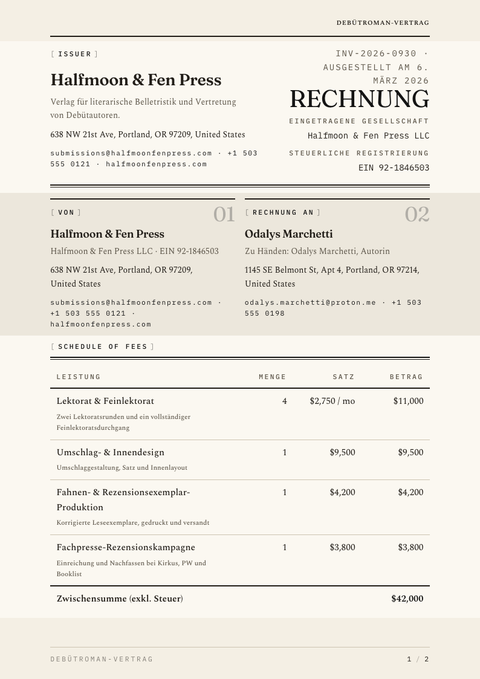 A finished invoice rendered in a typografisch look
