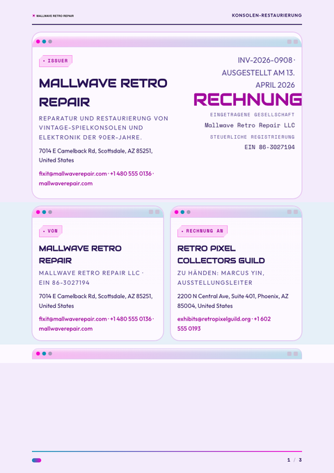 A finished invoice rendered in a retro look