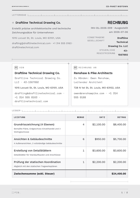 A finished invoice rendered in a technisch look