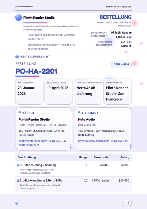 A finished purchase order rendered in a 3d look