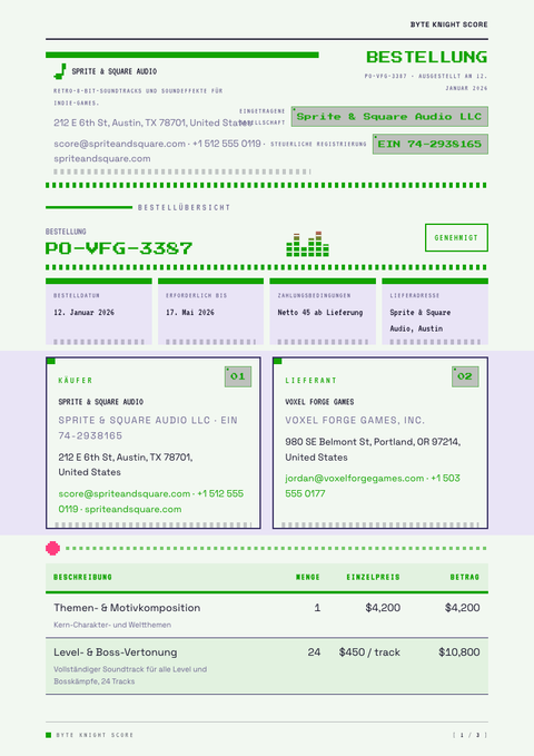 A finished purchase order rendered in a game & pop look