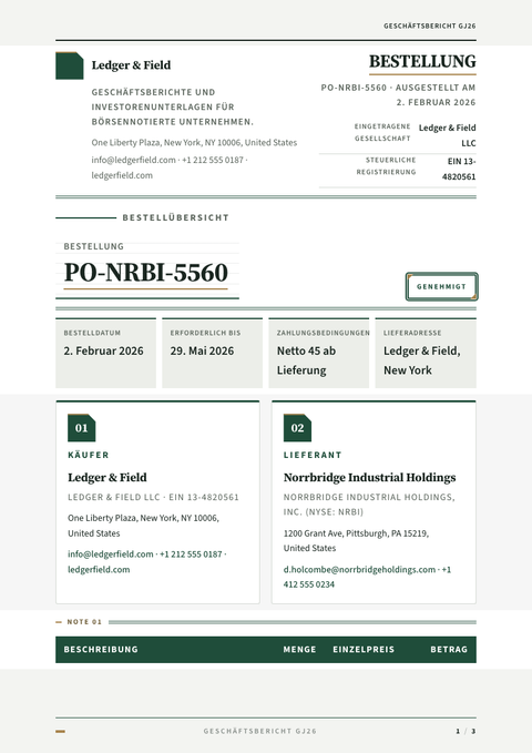 A finished purchase order rendered in a druck look