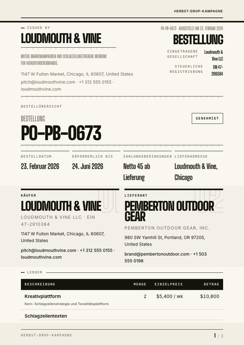 A finished purchase order rendered in a typografisch look